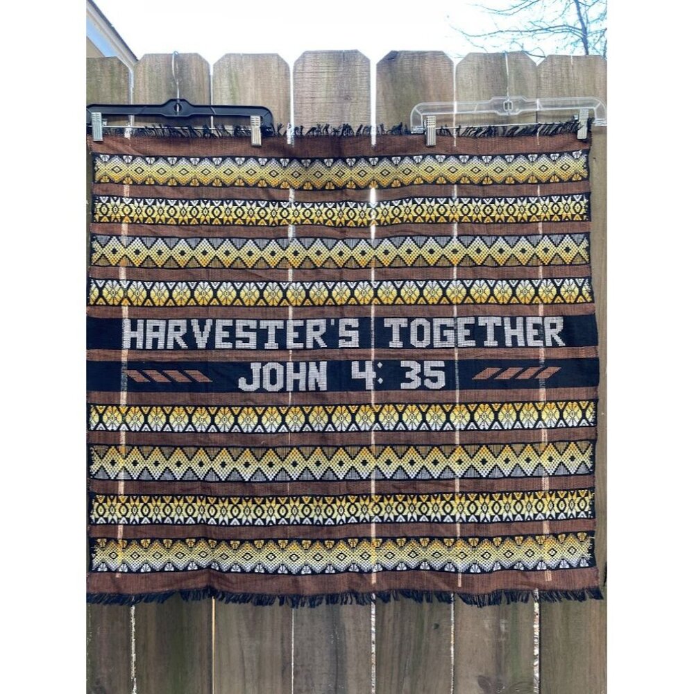 GUATEMALAN Handwoven HARVESTERS TOGETHER JOHN 4:35 BIBLE VERSE Cloth Hanging